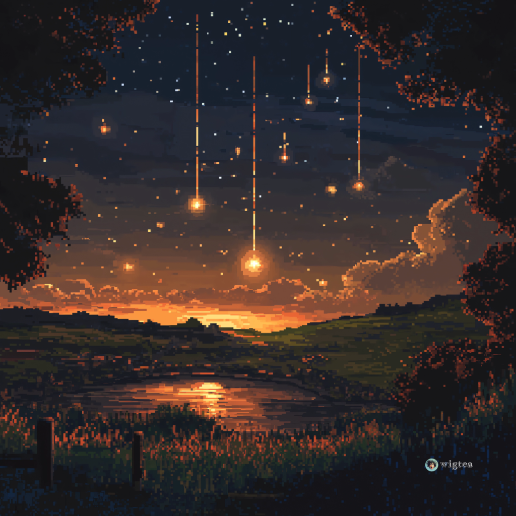 A Pixel Art image of a stunning night sky over a picturesque UK landscape, with a dark, clear atmosphere and the Perseid meteor shower.