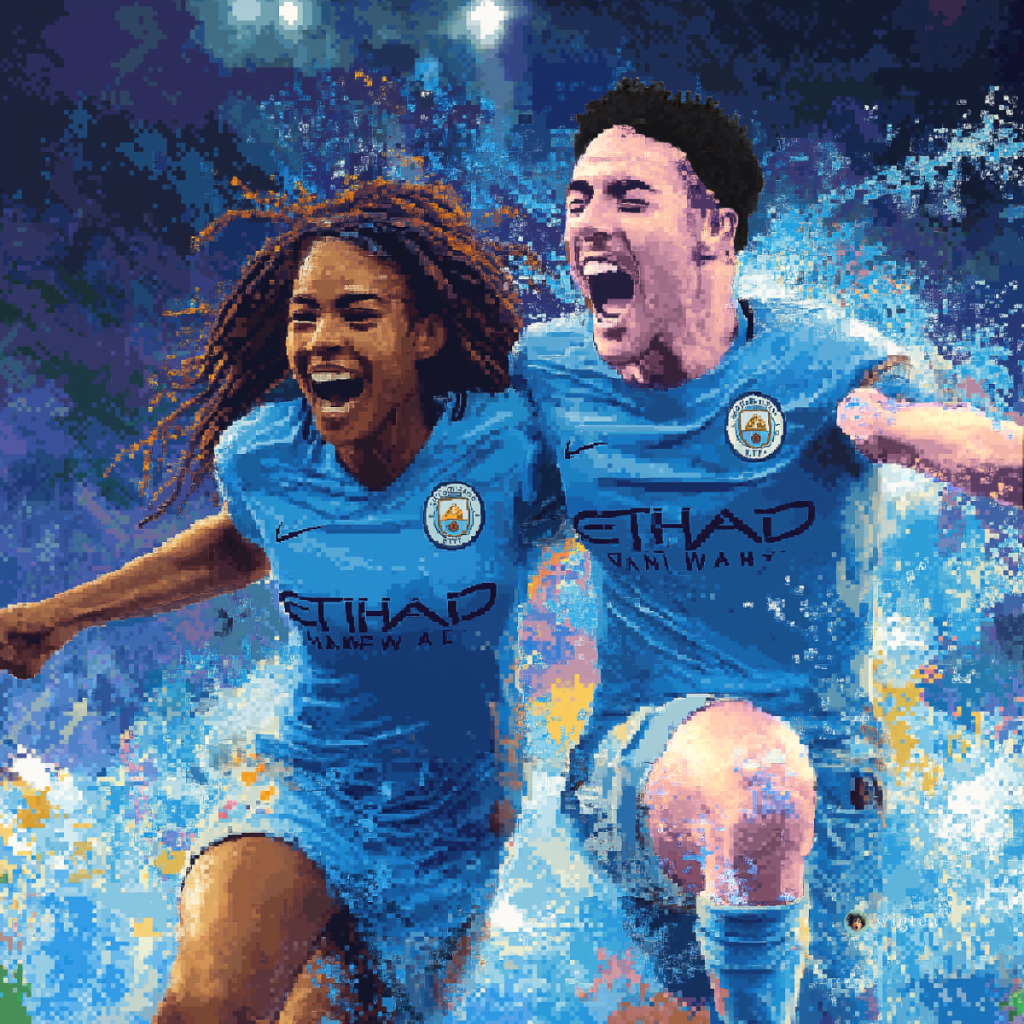 Pixel art image of Phil Foden and Khadija "Bunny" Shaw in Manchester City kits, celebrating together with expressions of joy, symbolizing their success at the PFA Awards 2024.