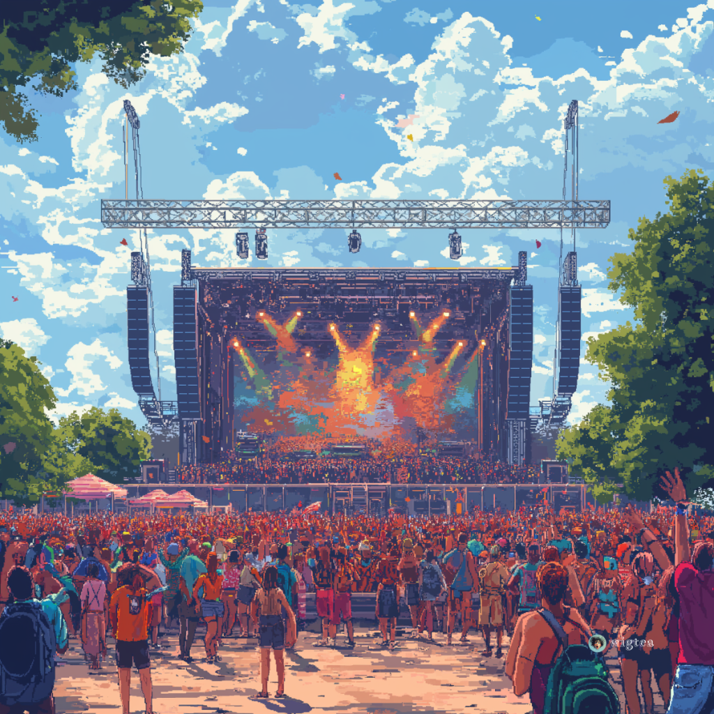 Pixel art concept by WigTea depicting a lively festival scene at All Points East 2024 in Victoria Park, London, capturing the vibrant atmosphere of the event.