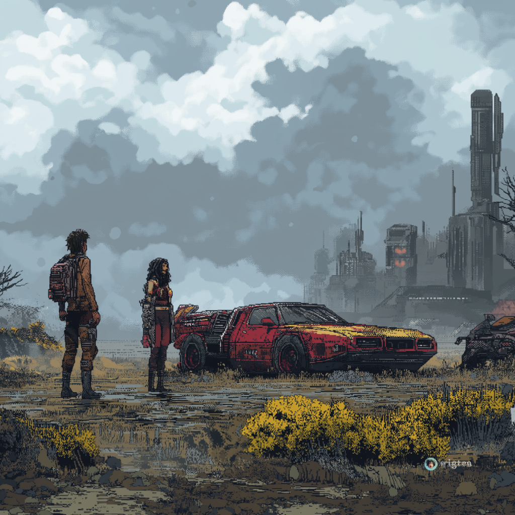 WigTea's conceptual pixel art portrayal of a dramatic scene inspired by the Borderlands film, capturing the film's tone and atmosphere