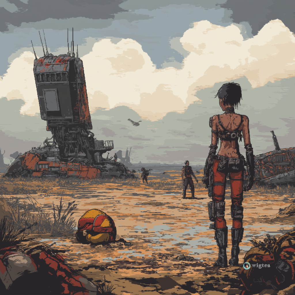 WigTea's conceptual pixel art portrayal of a dramatic scene inspired by the Borderlands film, capturing the film's tone and atmosphere