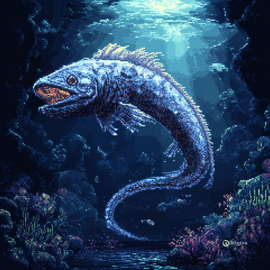 Pixel art image of a deep-sea oarfish swimming in dark ocean waters, with a long, curved body and dorsal fin