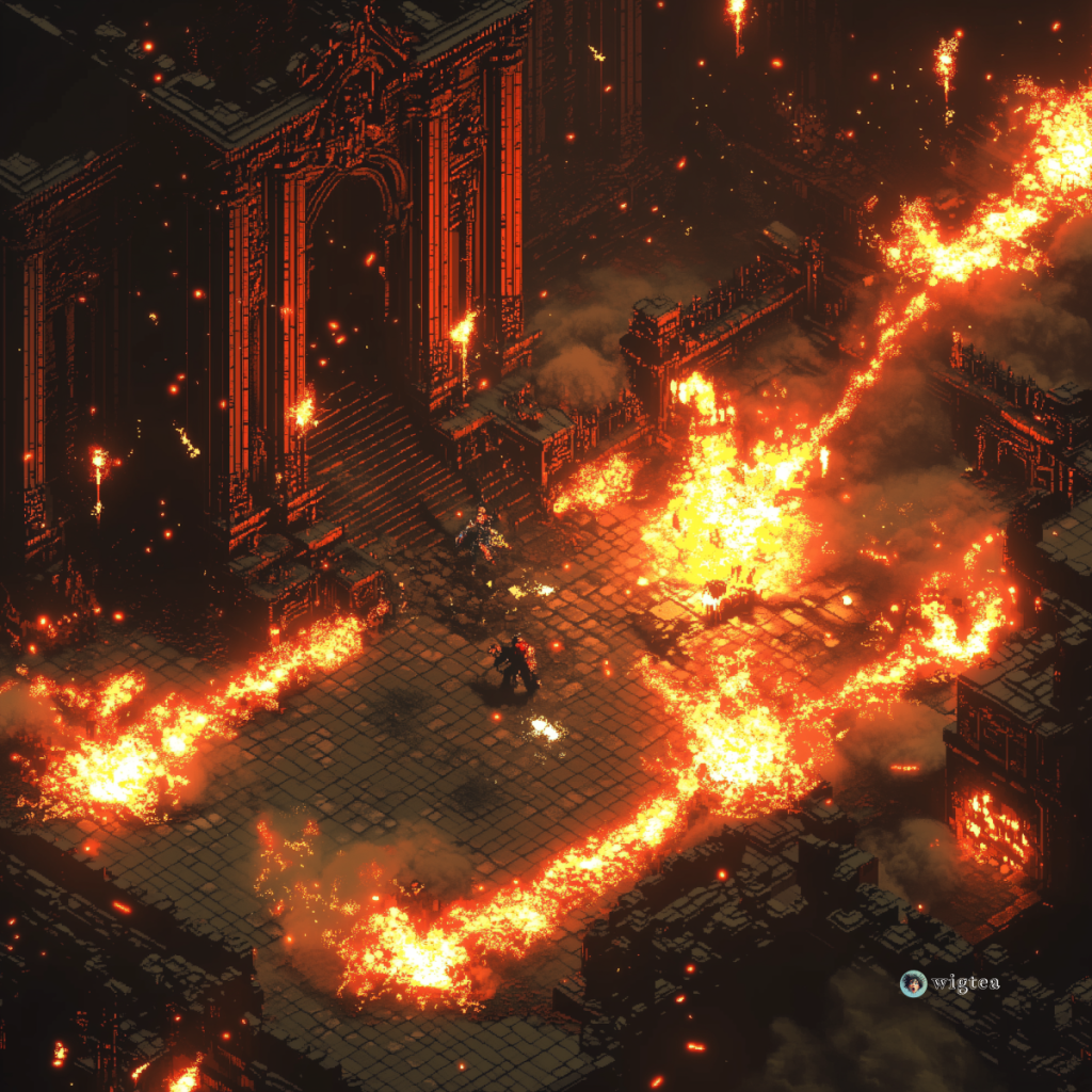 A pixel art image of a dynamic battle scene set in the dark, gothic world of Diablo IV. A WigTea concept art of Season of the Infernal Hordes.