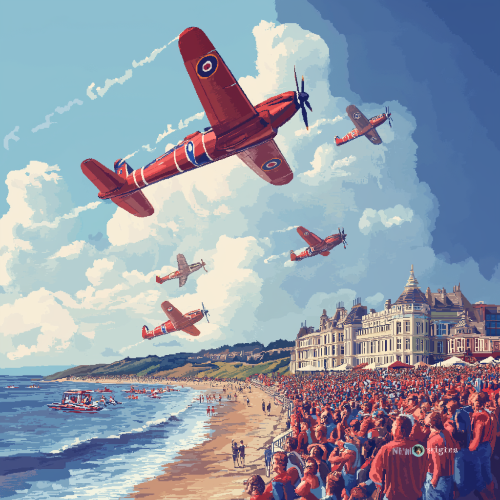 Eastbourne Airshow. Conceptual pixel art portrayal of vintage planes flying over a festive seafront.