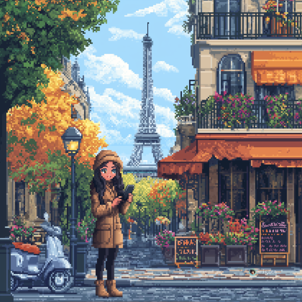 Pixel art of Emily from Emily in Paris standing in front of a Parisian café, dressed in a chic outfit with the Eiffel Tower and Parisian buildings in the background, capturing the blend of glamour and drama in her life.