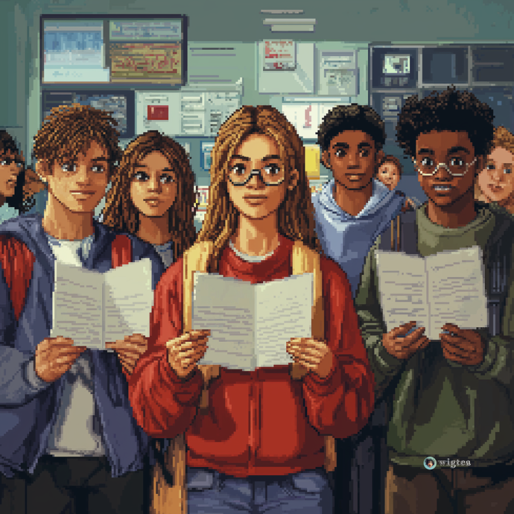 Pixel art image of a diverse group of students holding their GCSE grades with varied expressions. The scene, designed by WigTea, showcases the mix of emotions as they react to their grades, set against a school backdrop.