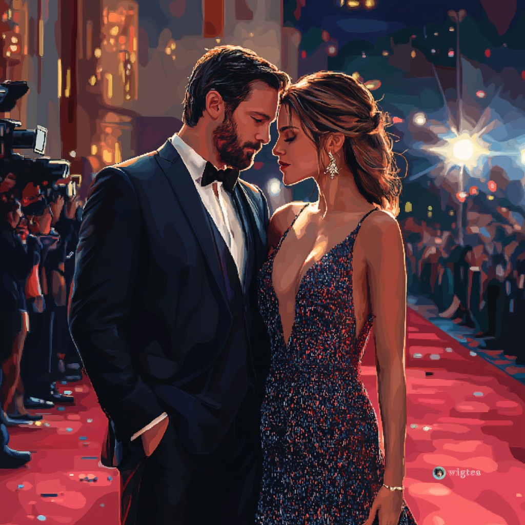 Jennifer Lopez and Ben Affleck in a reflective and emotional atmosphere. Pixel art by WigTea.