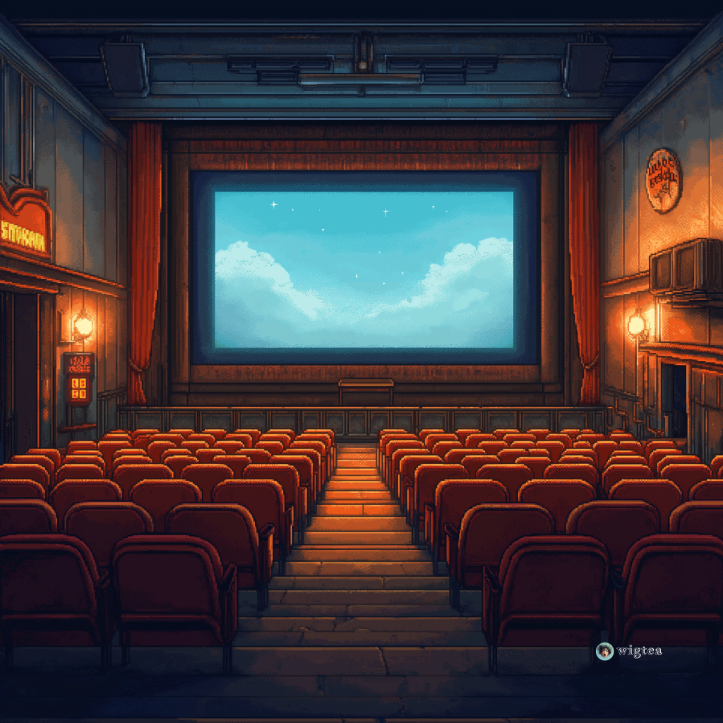 Pixel art of a classic cinema with rows of empty red seats facing a large illuminated screen, reflecting a nostalgic and immersive cinema experience by WigTea for the National Cinema Day 2024.