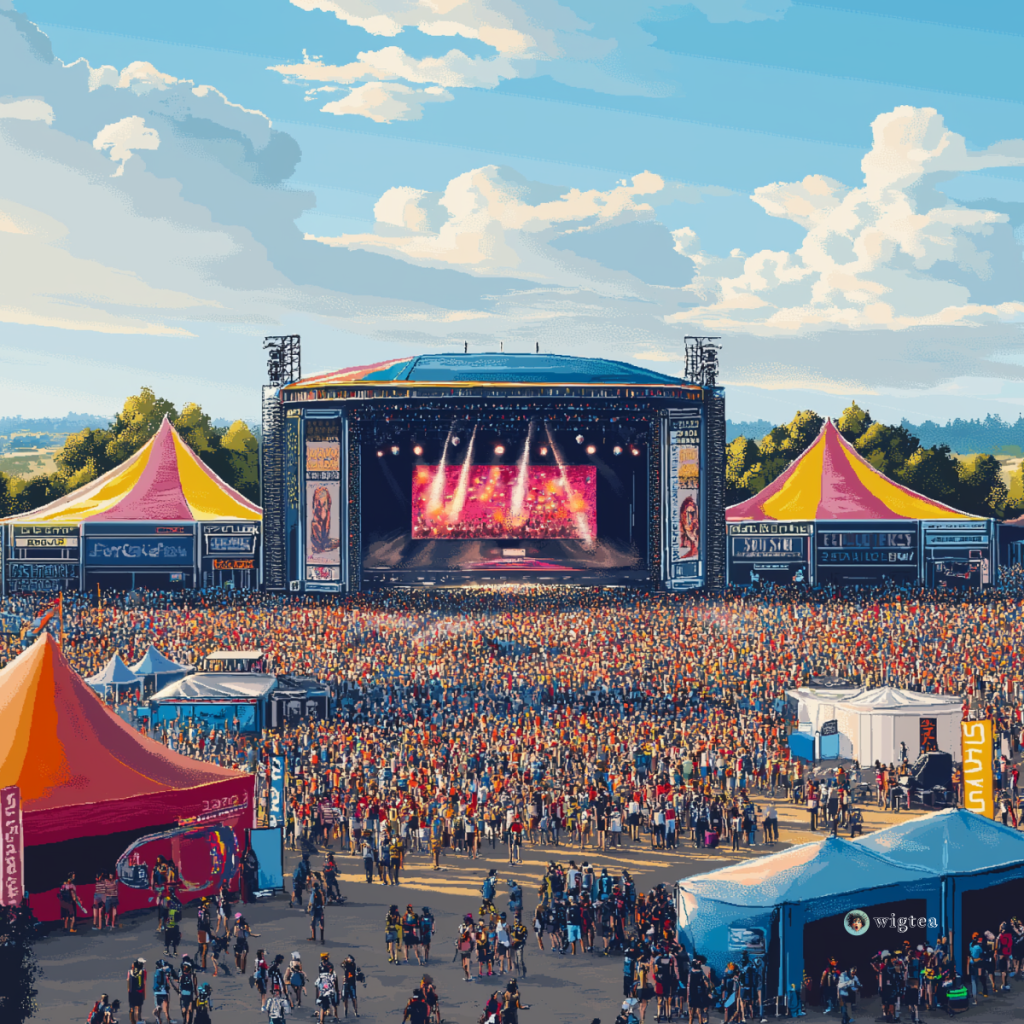 Conceptual pixel art of the Reading Festival, featuring a large main stage with bright lights, surrounded by a massive crowd and colorful tents under a clear sky.