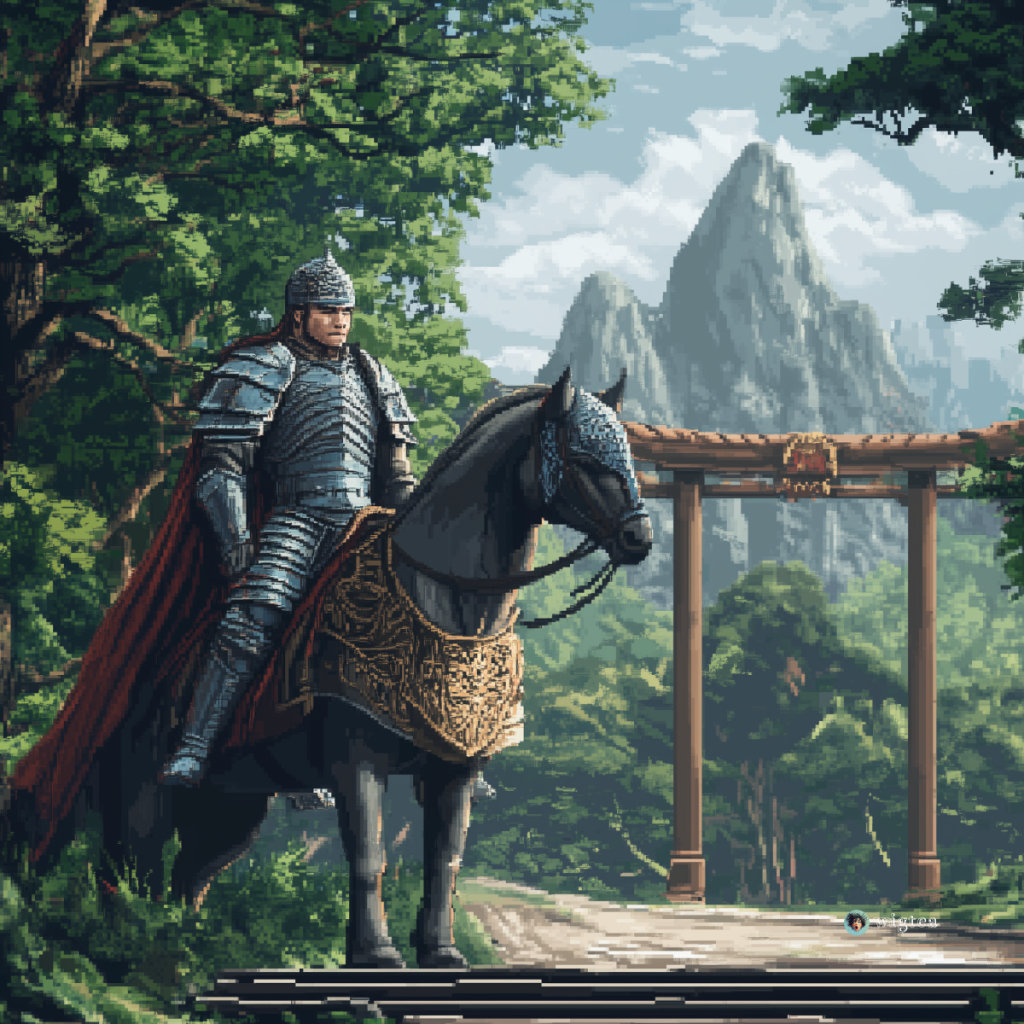 Pixel art of an armoured knight on horseback, set against a backdrop of a forested mountain landscape with a traditional gate structure, from WigTea's concept image for Rings of Power Season 2