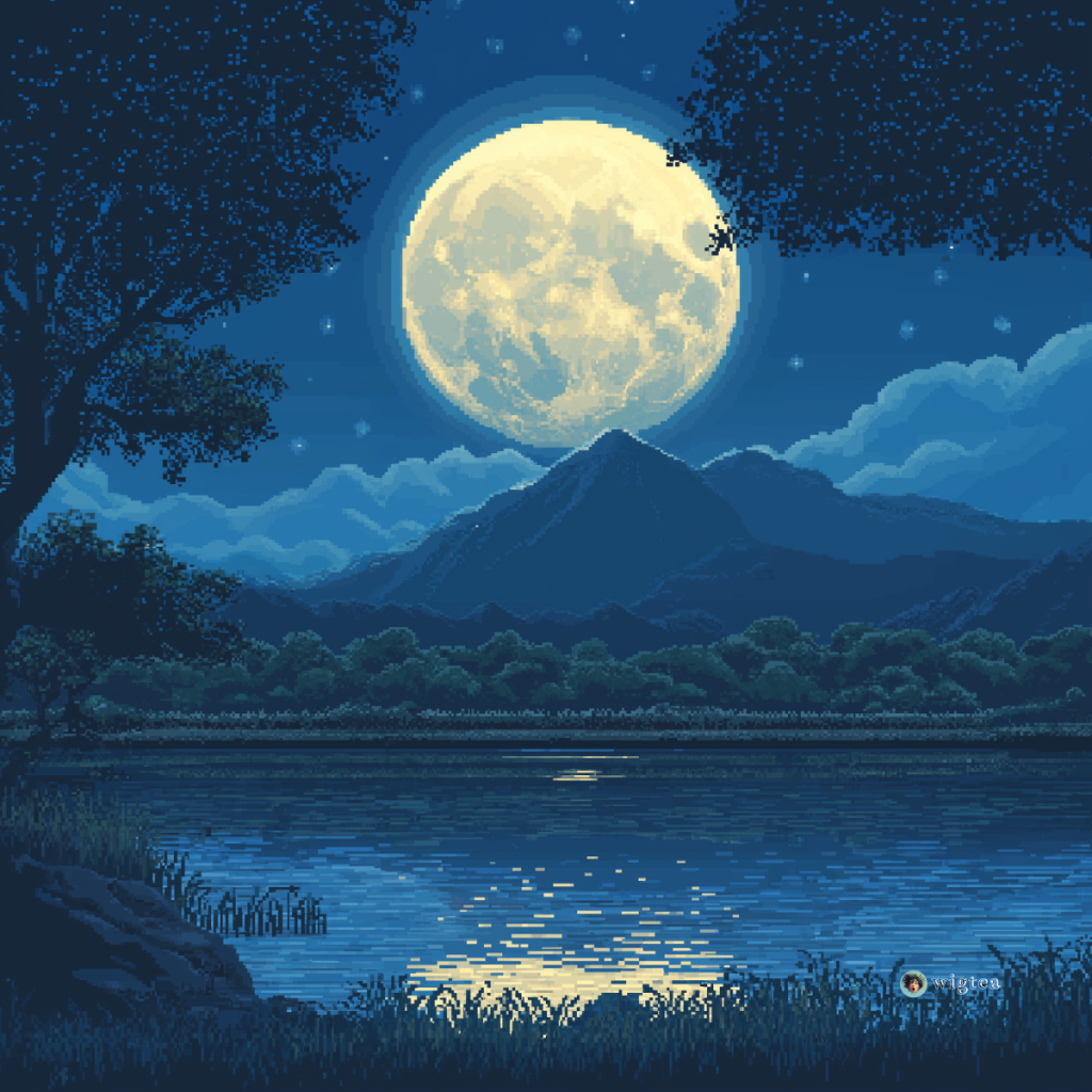 Pixel art of a bright Super Blue Moon rising over mountains and reflecting on a tranquil lake, with trees and a clear night sky in the background.