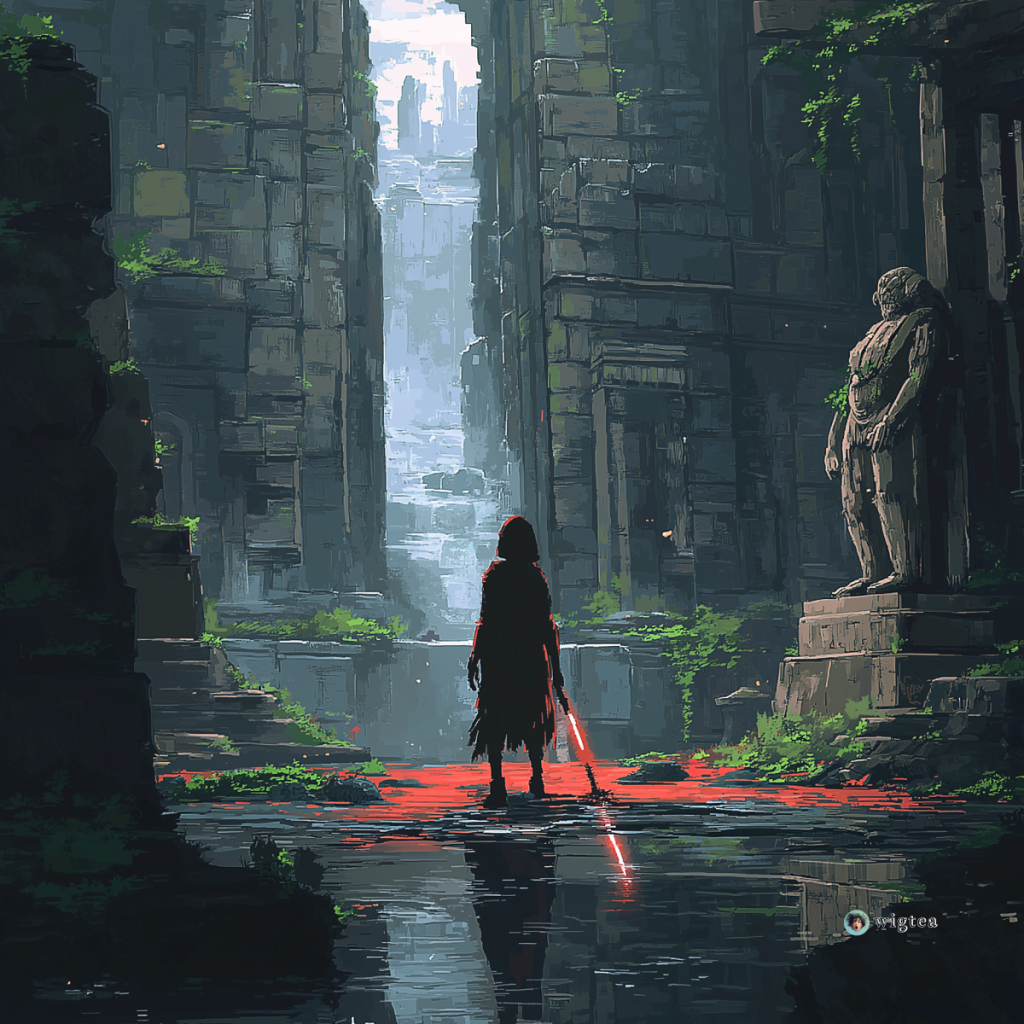 A captivating pixel art concept by WigTea, depicting a lone figure standing amidst ancient ruins, holding a lightsaber. The scene, rich in atmosphere and detail, evokes the tragic and reflective themes explored in The Acolyte