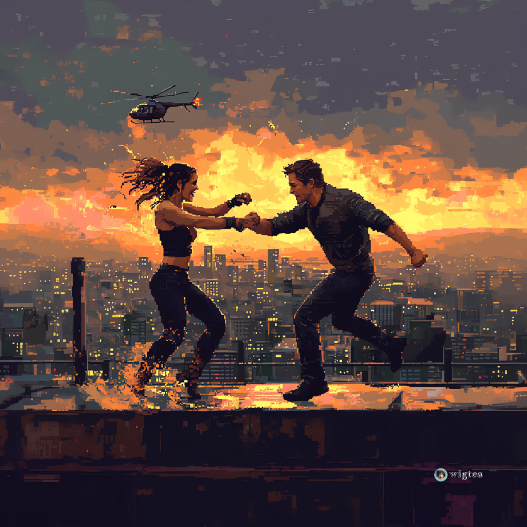 Pixel art portrayal of The Union shows two characters, resembling Mark Wahlberg and Halle Berry, engaged in a dynamic rooftop action scene with a city skyline and a helicopter in the background, during a fiery sunset.