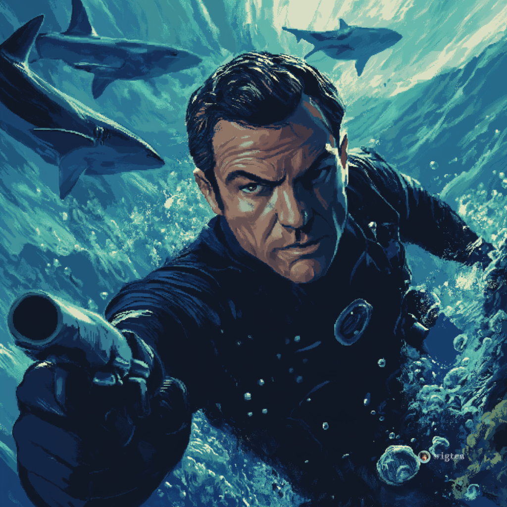 A Pixel Art image of an underwater action scene featuring Sean Connery as James Bond in Thunderball film.