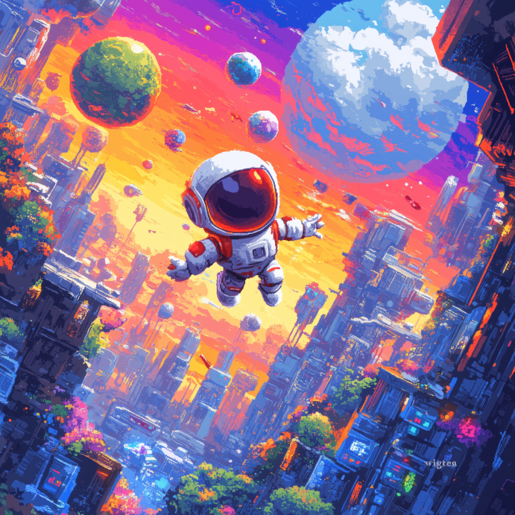 A pixel art illustration of Astro Bot floating in a colourful futuristic cityscape with planets in the background, highlighting a vibrant sunset sky and detailed pixel buildings.