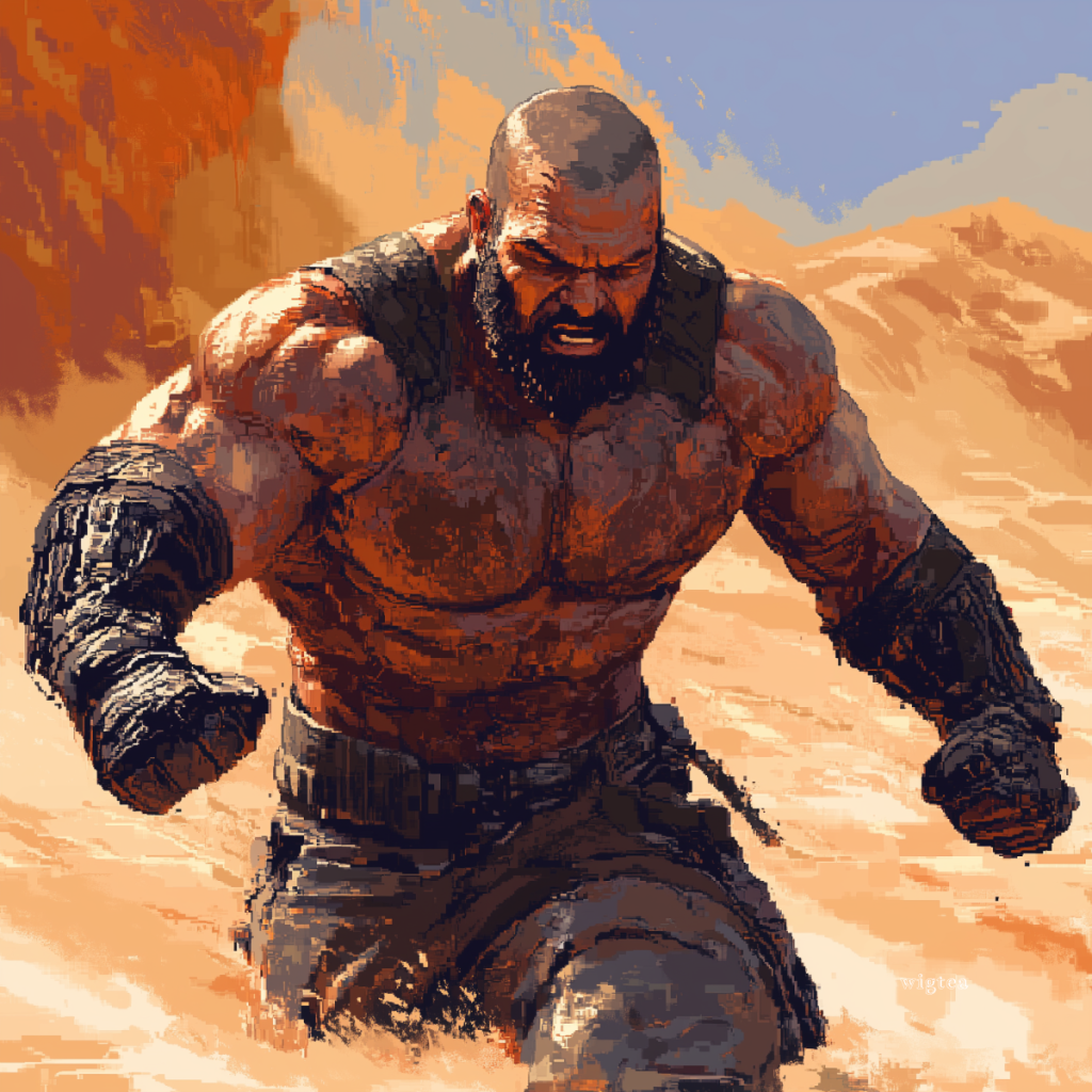 Pixel art concept of Dave Bautista running through a desert landscape, muscles flexed, evoking his strength and resilience in dramatic roles.