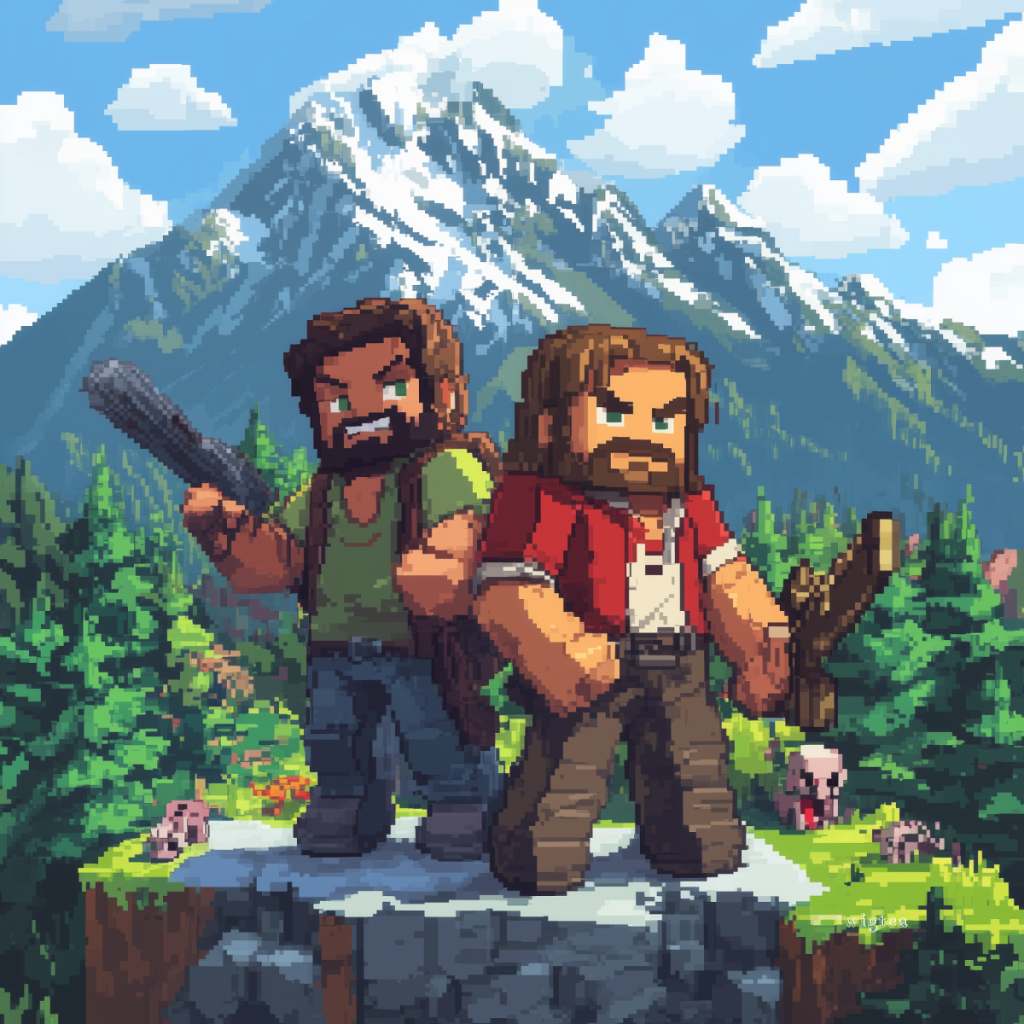 Pixel art image of Jason Momoa and Jack Black as their Minecraft movie characters, standing on a mountain ledge with Minecraft-style blocks, forests, and animals, including pigs, in the background.