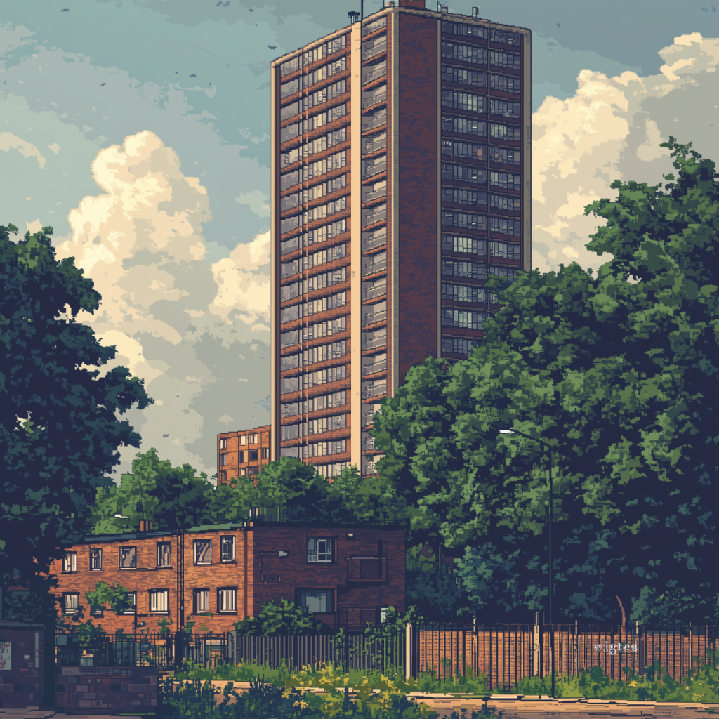 Pixel art depiction of a tall, brick tower block surrounded by trees and smaller buildings, representing the urban setting of The Tower Season 3.