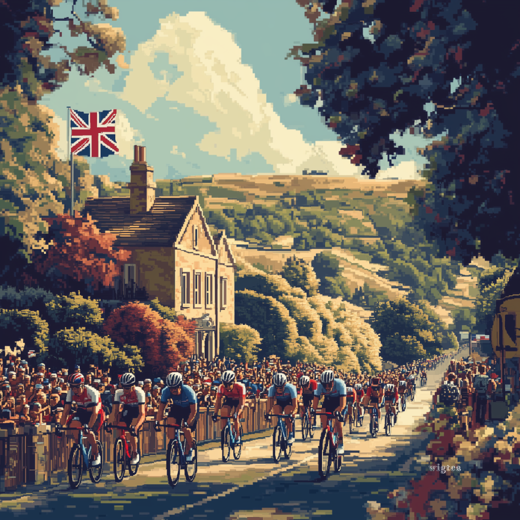 Pixel art depiction for the Tour of Britain 2024, illustrating a vibrant cycling race as riders speed through a picturesque British village. The scene is filled with cheering crowds, a proud Union Jack flag, and a stunning backdrop of rolling hills and lush greenery.