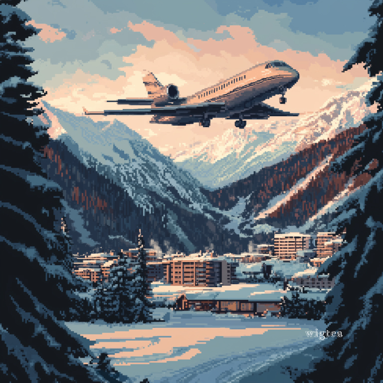 Pixel art concept of a private jet carve through the Alpine sky, landing in Davos; a climate change hypocrisy that fuels the “scum” label.