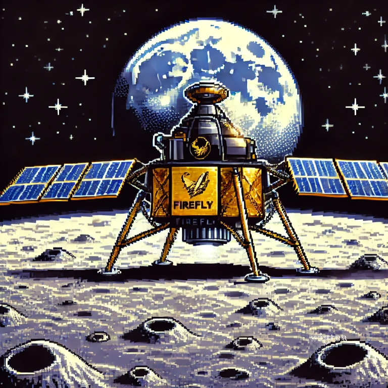 An artistic representation of the Firefly Aerospace Moon Landing, featuring the Blue Ghost lunar lander on the Moon, depicted in a retro-inspired pixel art illustration.