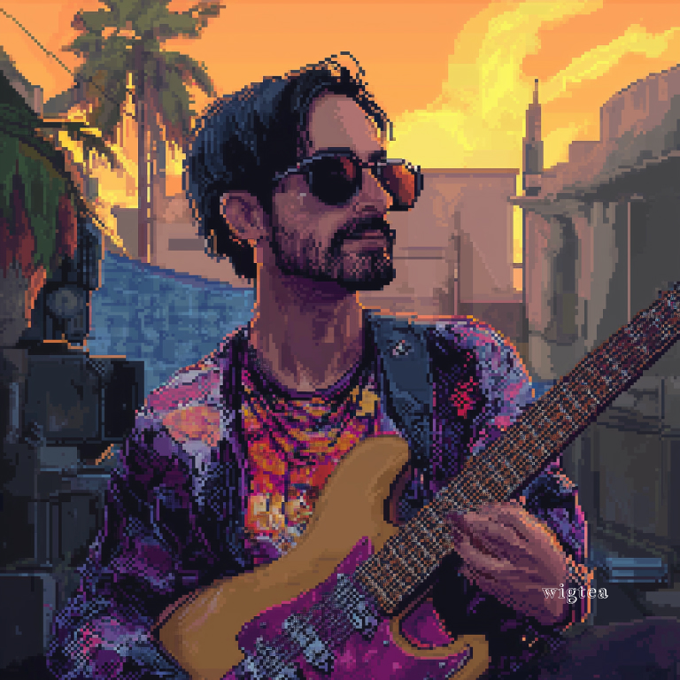 A vibrant pixel art depiction of Gizmo Varillas strumming his guitar against a tropical sunset backdrop, capturing the essence of his eclectic musical style.