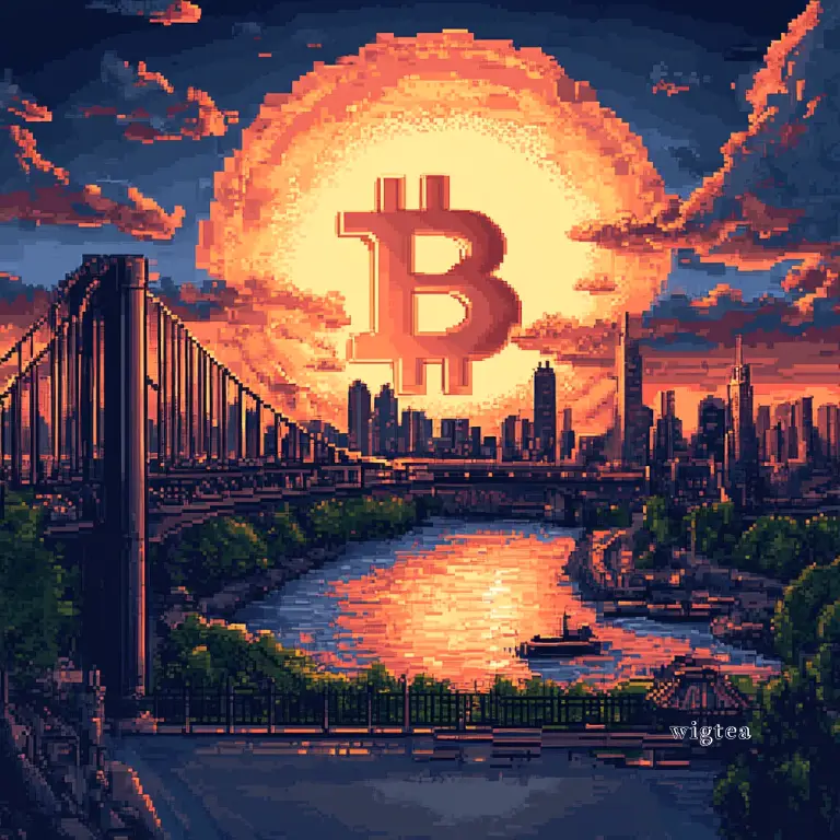 Pixel art depicting a massive Bitcoin symbol rising like the sun over a futuristic city skyline. The image symbolizes Bitcoin's long-term value potential and its role in the Bitcoin Reserve strategy.