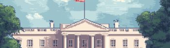 Pixel art of the White House with a large Bitcoin coin hovering above it, symbolizing the Crypto Summit 2025 and the U.S. government's engagement with digital assets. The scene features a bright blue sky, lush greenery, and an American flag flying atop the building.