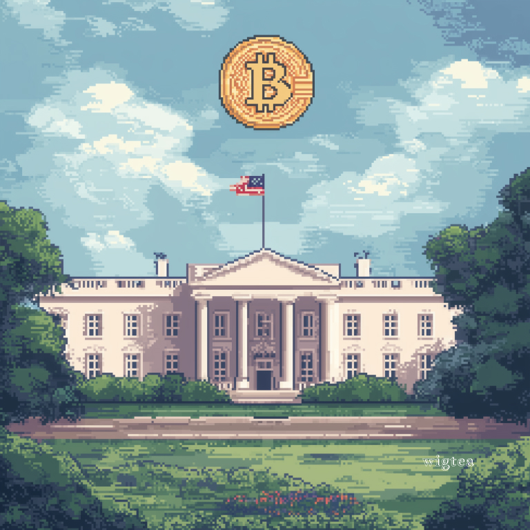 Pixel art of the White House with a large Bitcoin coin hovering above it, symbolizing the Crypto Summit 2025 and the U.S. government's engagement with digital assets. The scene features a bright blue sky, lush greenery, and an American flag flying atop the building.