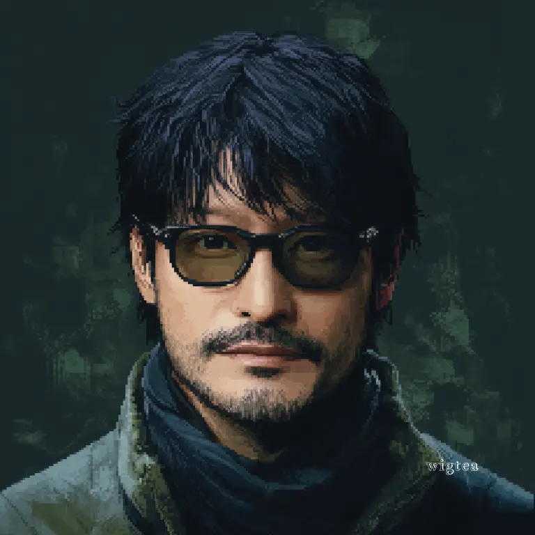 Pixel art illustration of Hideo Kojima, the legendary game designer behind Metal Gear Solid and Death Stranding, featuring his signature glasses and a stylish, futuristic aesthetic.