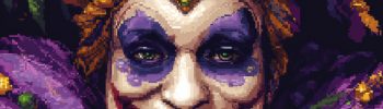 Pixel art illustration of a Mardi Gras jester with an elaborate mask, adorned in traditional purple, green, and gold attire, featuring intricate beadwork and a dramatic smile, representing the festive spirit of New Orleans' Mardi Gras celebrations.