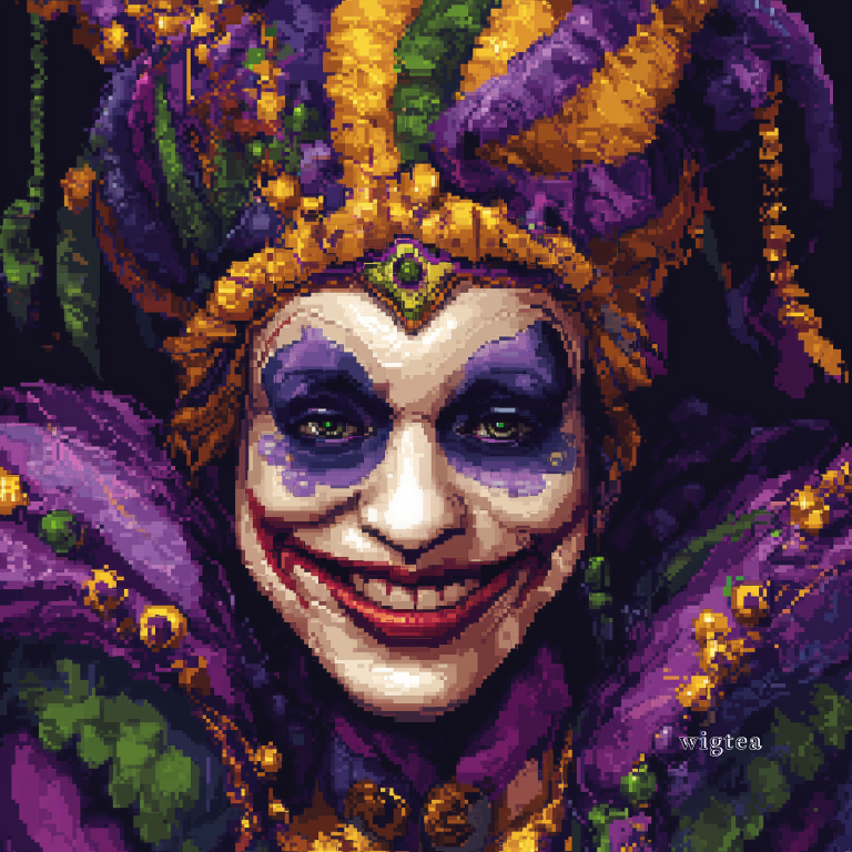 Pixel art illustration of a Mardi Gras jester with an elaborate mask, adorned in traditional purple, green, and gold attire, featuring intricate beadwork and a dramatic smile, representing the festive spirit of New Orleans' Mardi Gras celebrations.