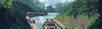 Pixel art illustration of the Panama Canal, showing a cargo ship passing through the waterway, surrounded by lush green hills and lock systems, highlighting its role in global trade and commerce.