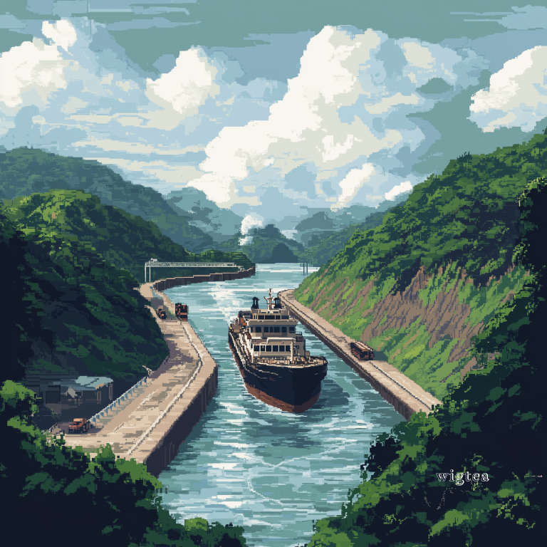 Pixel art illustration of the Panama Canal, showing a cargo ship passing through the waterway, surrounded by lush green hills and lock systems, highlighting its role in global trade and commerce.