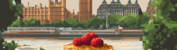 Pixel art illustration of a plate of pancakes with raspberries and syrup on a checkered tablecloth, accompanied by a coffee mug and cutlery. In the background, Big Ben and the Houses of Parliament stand tall over the River Thames. A perfect visual representation of Pancake Day in London.