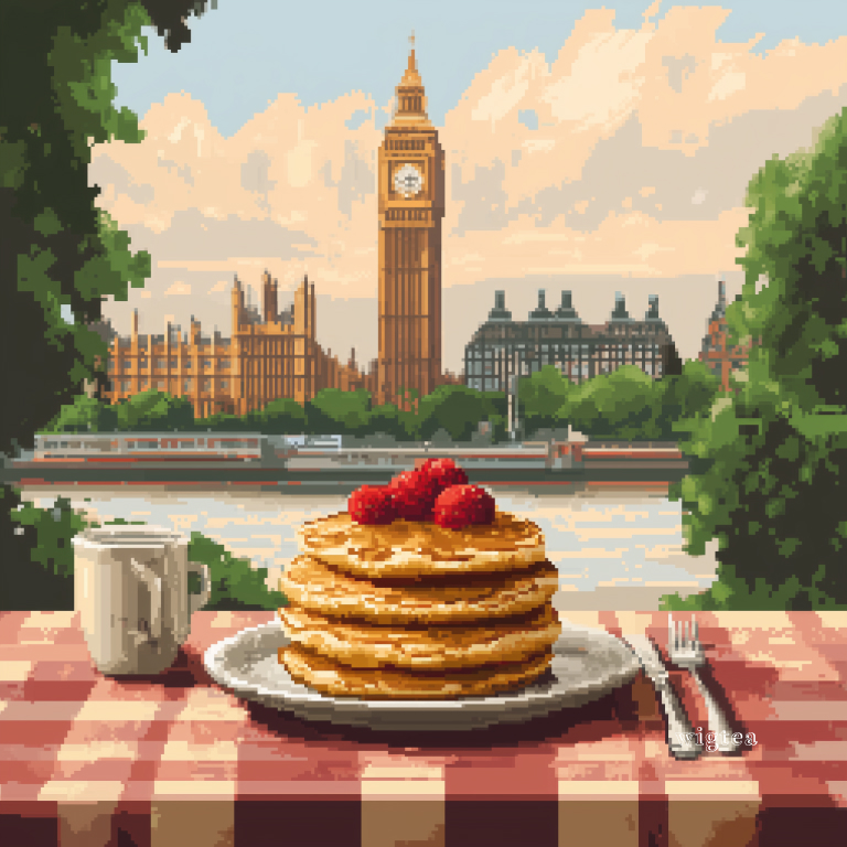 Pixel art illustration of a plate of pancakes with raspberries and syrup on a checkered tablecloth, accompanied by a coffee mug and cutlery. In the background, Big Ben and the Houses of Parliament stand tall over the River Thames. A perfect visual representation of Pancake Day in London.