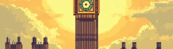 Pixel art of Big Ben at sunset, representing the daylight savings 2025 clock change in the UK, with warm golden hues in the sky.