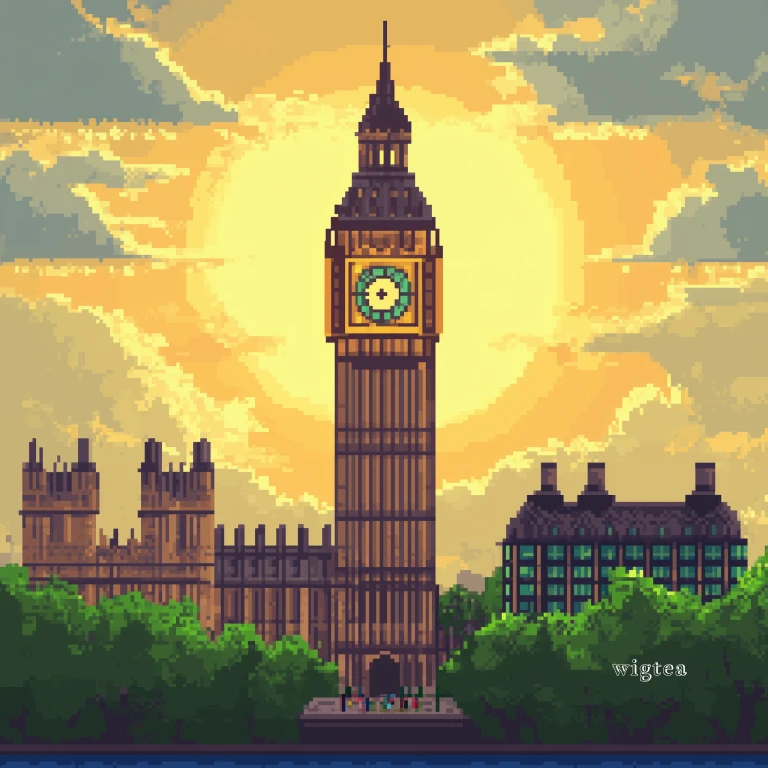 Pixel art of Big Ben at sunset, representing the daylight savings 2025 clock change in the UK, with warm golden hues in the sky.