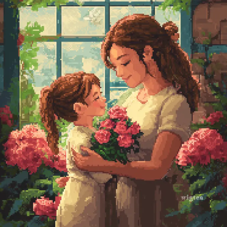 A charming pixel art illustration of a mother and daughter embracing with a bouquet of pink flowers, set in a sunlit garden. This nostalgic and artistic depiction beautifully captures the warmth and love of Mother's Day.