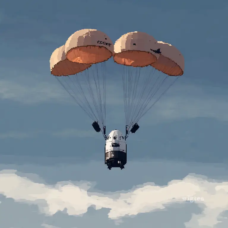 Pixel art of SpaceX Dragon with parachutes as astronauts return to Earth.