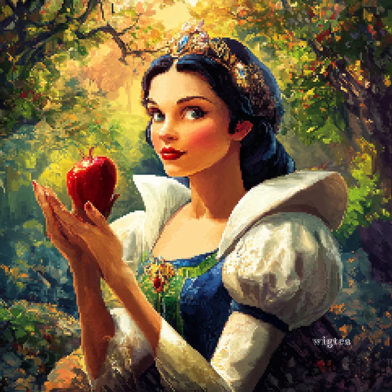 Pixel art of Snow White 2025 holding a red apple in a forest, inspired by Disney’s live-action remake.