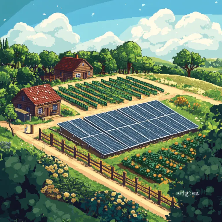 Pixel-art illustration of a rural solar panel farm surrounded by greenery, symbolising the growth of renewable energy and solar incentives in the UK.