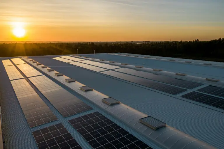 A rooftop solar panel array at sunset, representing sustainable energy solutions supported by solar incentives in the UK.