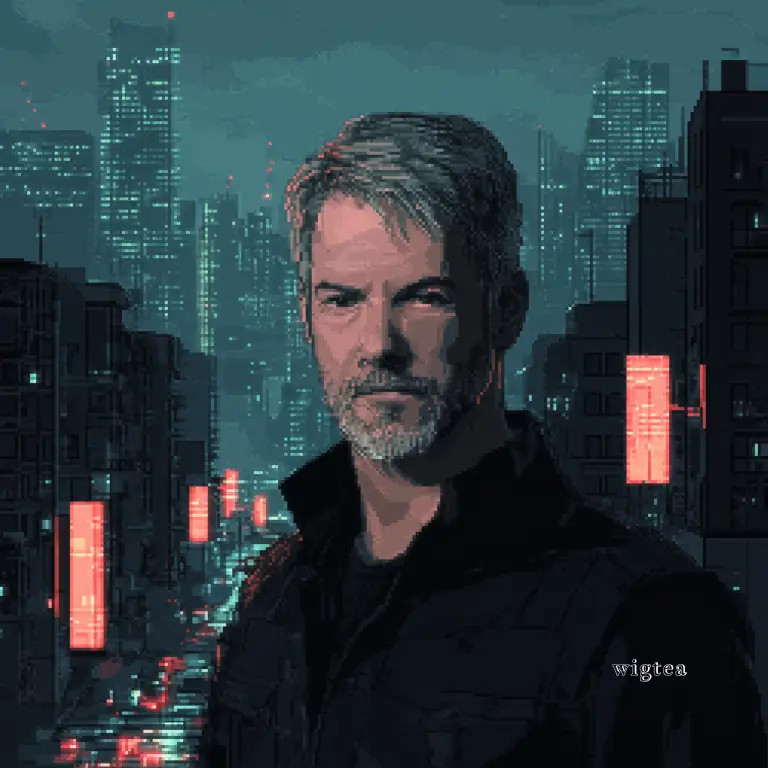 Pixel art portrait of Michael Saylor with a futuristic cyberpunk city in the background. The image represents his advocacy for a Bitcoin Reserve and its potential impact on the digital economy.