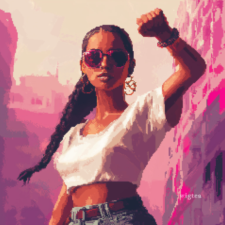 Pixel art illustration of a confident woman raising her fist in celebration and solidarity for Women's Day 2025.