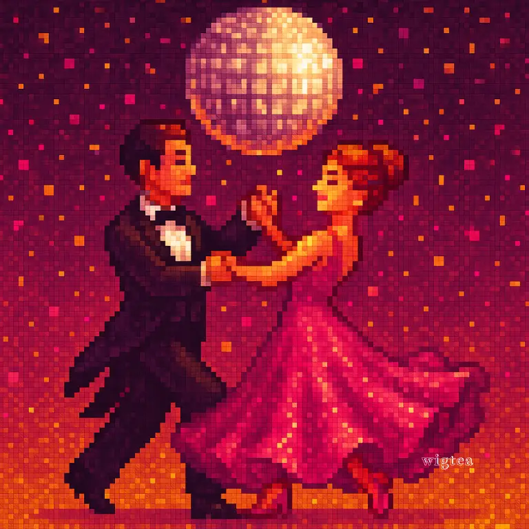 Pixel-art illustration of a tuxedoed man and a woman in a flowing pink dress dancing under a golden disco ball with confetti.